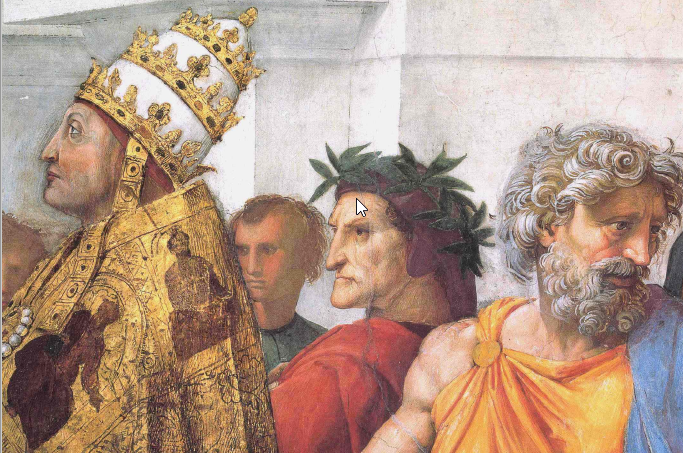 Raffaello Sanzio, Disputa del sacramento, dettaglio Dante, 1508-1509. Stanza della Signatura, Città del Vaticano