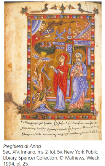 Preghiera di Anna. Sec. XIV. Innario, ms 2, fol. 5v. New York Public Library, Spencer Collection. &copy; Mathews, Wieck 1994, pl. 25.